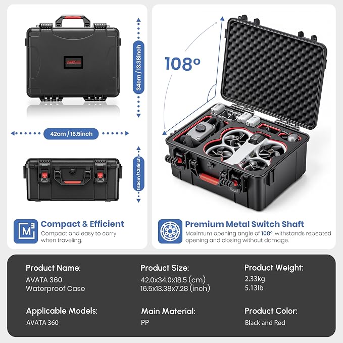 Waterproof Hard Case for DJI Avata 360 Combo, Shockproof Travel Storage Box with Custom Foam for Drone, RC2, G-N3 Goggles, Motion Controller, Charger Hub (Only Case)
