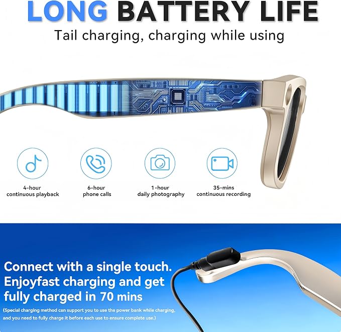 AI Smart Glasses with Camera, 8MP HD Camera Glasses for Men,Women, AI Recording Glasses with Voice Assistant,Open-Ear Audio,Real-Time Translation,Video Recording Sunglasses for Life & Work Vlog(White)