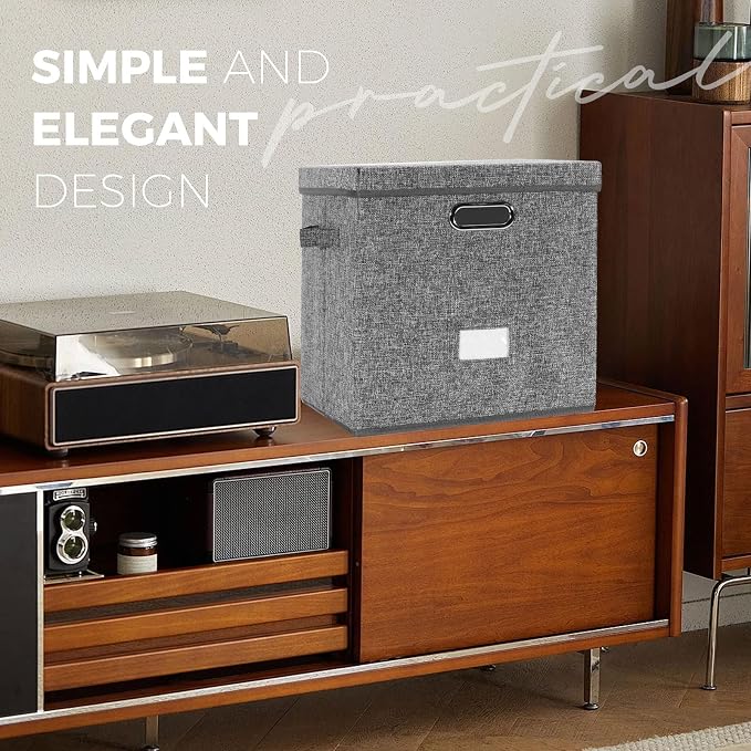Sturdy Vinyl Record Storage Box - Album Storage Holds up 50+ Single Record, LP Storage Organizer Crate With Lid, Decorative Moving Box For Records, Solutions to Protect Your Precious Collection Grey