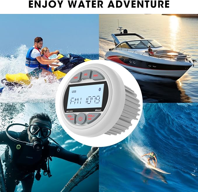 Bluetooth Marine Stereo Receiver: Waterproof Gauge Radio System - Digital MP3 Player 2.8 Inch LCD Display AM FM USB AUX Subwoofer for Boat ATV UTV Off-Road Vehicles