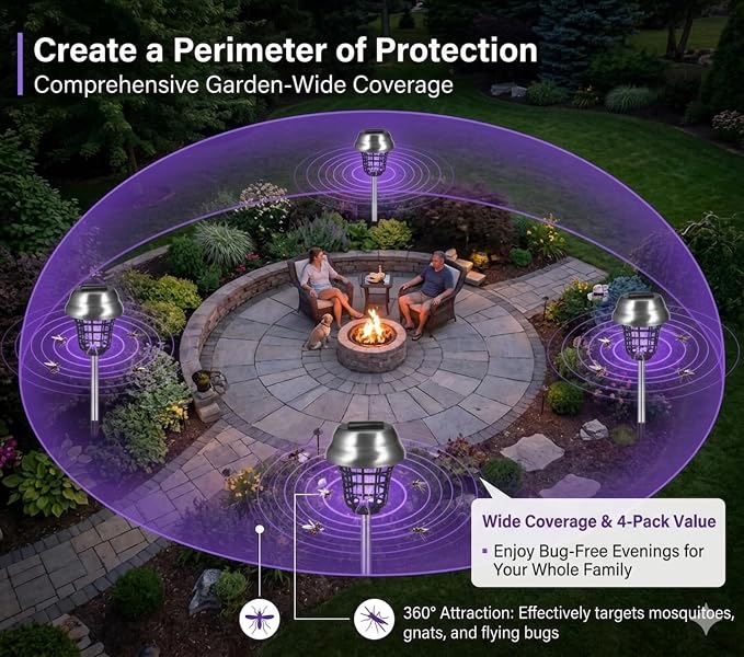 Solar Bug Zapper Outdoor Waterproof Solar Powered Mosquito Repellent Outdoor Patio,Cordless & Auto On/Off Trap Purple & White Light for Gnat Fly Insect Zapper for Garden Backyard for Outside,4 Pack