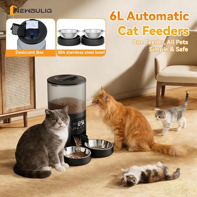 NEWBULIG Automatic Cat Feeder for 2 Cats, 6L/25.3 Cups Timed Pet Feeders with Dual Bowls, 10s Voice Recorder, Dog Food Dispenser for Dry Food, 6 Meals/Day, 50 Portions/Meal, Dual Power Supply, Black