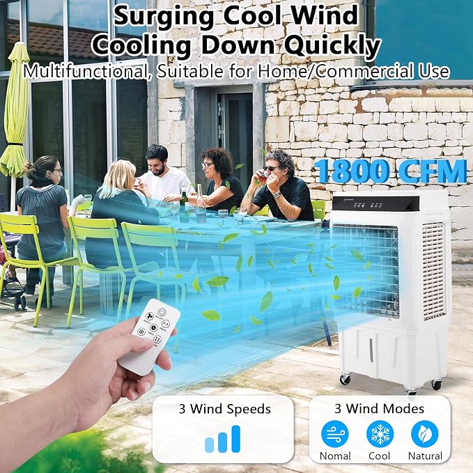 Takywep Evaporative Air Cooler, 1800CFM Swamp Cooler with Remote Control and 12H Timer, 4 Ice Packs, 3 Modes & Wind Speeds for Outdoor Indoor Use, 8.4 Gallon