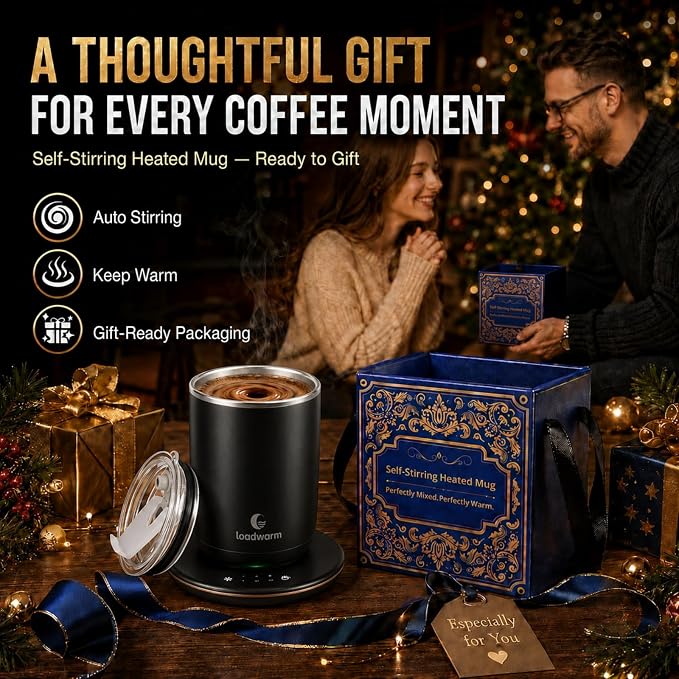 Self Heated Stirring Coffee Mug, 10oz Auto Mixing Cup with Warmer, Black | 3 temp settings, food-grade stainless steel interior, 8-hour auto shut-off, plug-in desk mug with Warmer for office home