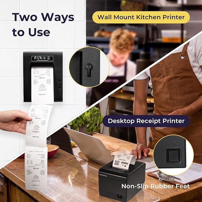 Volcora Thermal Receipt Printer, 80mm POS Printer w/Auto Cutter, USB/WiFi Interface for Windows/MAC/Linux, ESC/POS Command Support Cash Drawer, High Speed Kitchen Printer, Wall Mount (Black)
