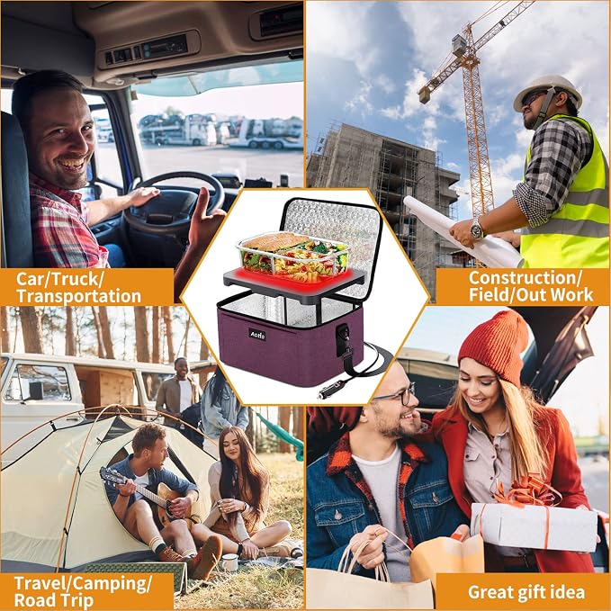 Aotto Heated Lunch Box Food Warmer - 12V/24V 2-in-1 Car Food Warmer with Vehicle Plug - Mini Portable Electric Lunch Box Heater for Men and Women - Reheat & Keep Meals Warm On the Go - Dark Purple