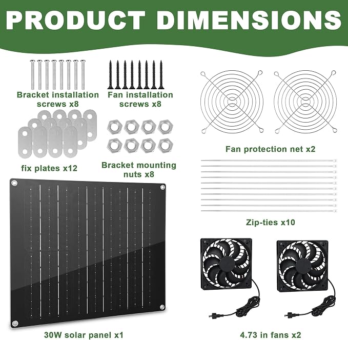 Solar Fan, 30W Solar Powered Fan, Solar Panel Fan Kit, IPX7 Waterproof Fans Exhaust Intake Mounting for Outside Greenhouse Shed Chicken Coop