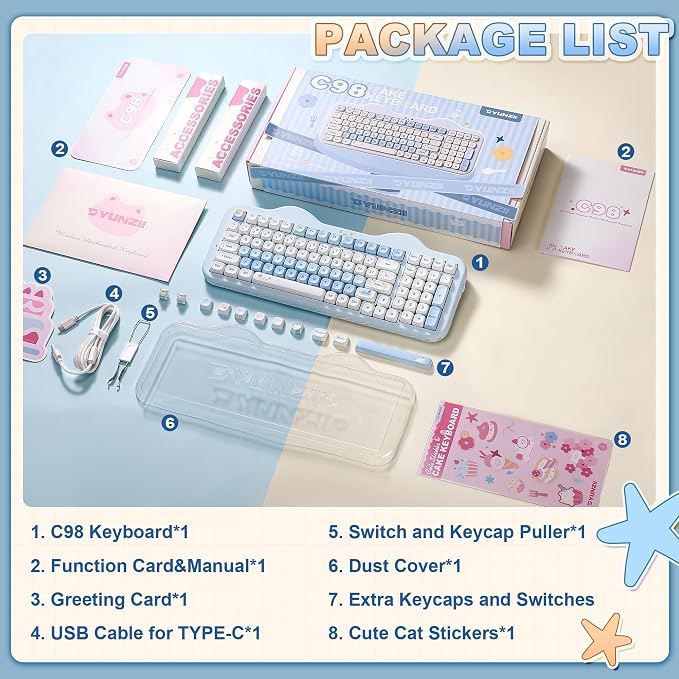 YUNZII C98 Wireless Mechanical Keyboard with Number Pad,98 Key BT5.0/2.4G/USB-C Hot Swap Gasket Mount with PBT MOA Keycaps,Custom RGB,Cute Cake Keyboard for Win/Mac (Blue, Milk V2 Linear Switch)
