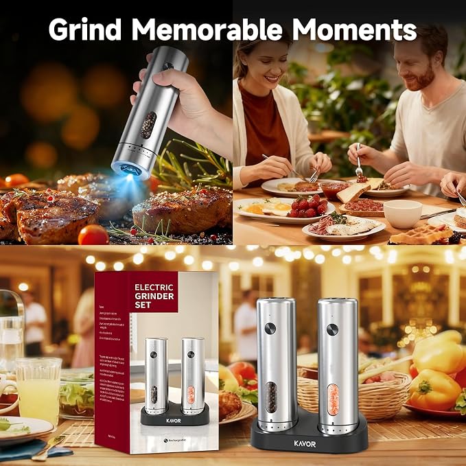 Electric Salt and Pepper Grinder Set with Charging Base - Rechargeable Automatic Pepper Grinder, Stainless Steel Cordless Push Button Mill with LED Light