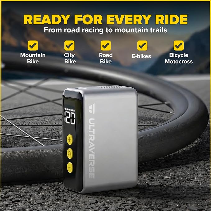 Ultraverse Mini Electric Bike Pump – 120 PSI High-Pressure Power, Ultra-Compact Smart Inflator with Presta & Schrader, Fast Rechargeable Pump for Road, MTB & E-Bike