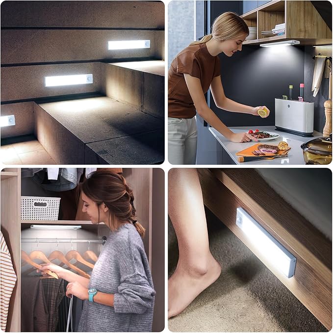 6 Pack Under Cabinet Lighting Wireless, 58 LED Rechargeable Battery Motion Sensor Light Indoor, Stick On Magnetic Closet Lights, Under Counter Lights for Kitchen, Stairs, White 14 in