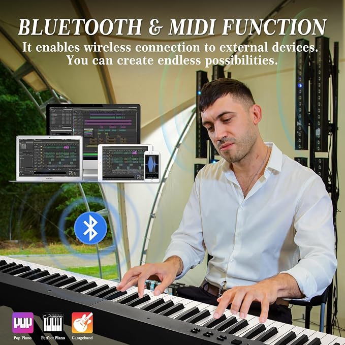 88 Key Foldable Piano Keyboard, Semi-Weighted Electric Piano with Stand, Pedal & Headphones, Bluetooth USB MIDI Portable Digital Piano for Beginners Adults, 10H Battery