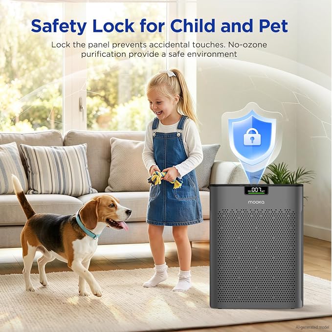 Air Purifier for Home Bedroom Large Room 2200 Ft², MOOKA H13 HEPA Air Cleaner with Washable Pre-filter, Air Quality Monitor, Air Purifiers for Pets Hair Smoke Pollen, Auto Mode, KJ190H Grey