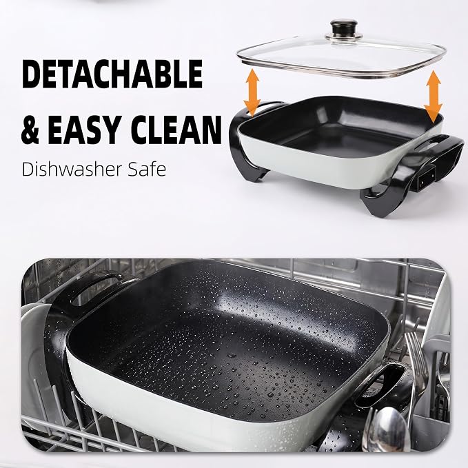 12" Ceramic Nonstick Electric Skillet with Tempered Vented Glass Lid, Scratch-Resistant Surface, Cool-Touch Handles, Removable Easy-to-Clean Design, 1200W, Vibrant Green