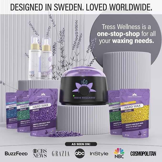 Tress Wellness Award Winning Waxing Kit for Sensitive Skin – Safe for Face & Skin, Easy to Use – At-Home Kit for Face, Bikini, Brazilian & Full Body - Digital Display, Black & White