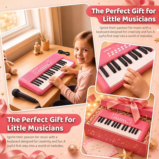 LeeQee 32 Keys Kids Keyboard Piano with Microphone, Double Speakers Toddler Piano Toy for Boys Girls Age 3-6, Portable Educational Musical Instrument, Birthday Gifts (Strawberry Red)