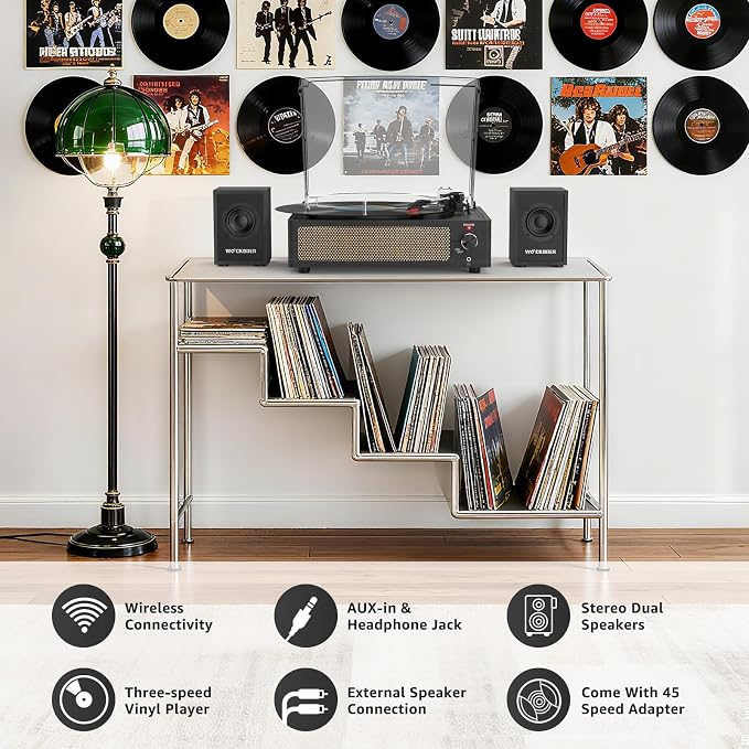 Record Player with Passive Bookshelf Speakers Belt-Drive Vintage Turntable for Vinyl Records External Dual Stereo Speakers LP Players 3 Speed Wireless AUX Headphone Input Auto Stop Retro Black Wooden