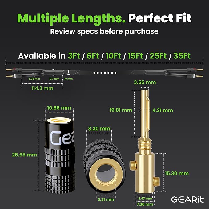GEARit 12 Gauge Speaker Cable with Banana Plugs 6 ft,CL2 Rated OFC Speaker Wire with Gold-Plated Tips,Braided Speaker Wire for Audiophiles,Hi-Fi Systems,Home Theater,Amplifiers & Speakers(Black)
