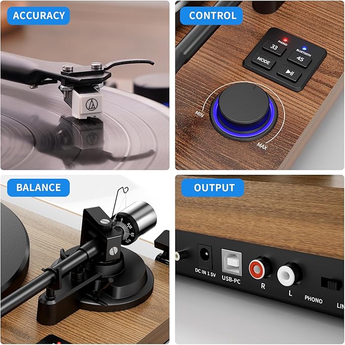 FEKTIK Record Player with Magnetic Cartridge, Bluetooth Belt Drive Vinyl Turntable High Fidelity System with 36 Watt Bookshelf Speakers, Built-in Phono Preamp, USB Recording and Auto Stop