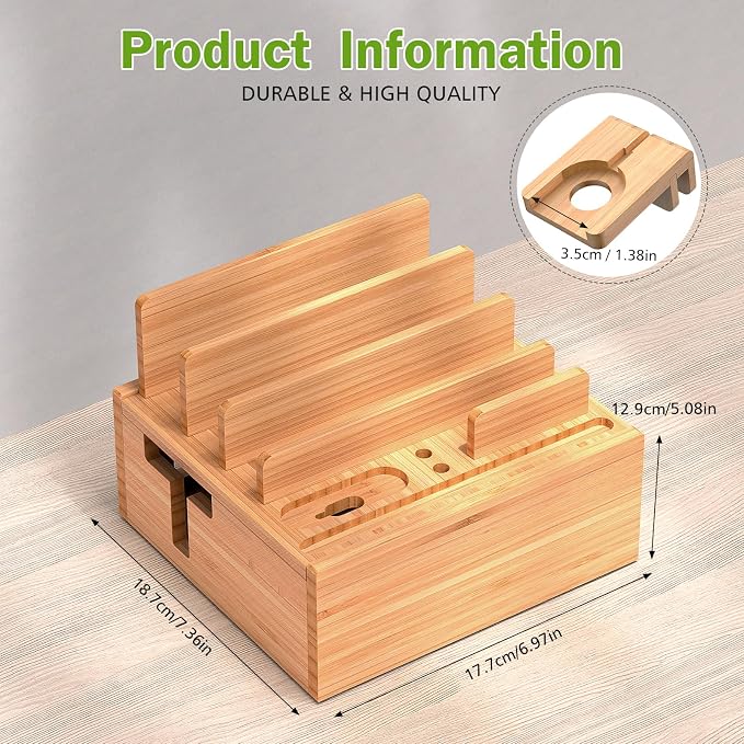 Pezin & Hulin Bamboo Charging Station Holder with 5 Port USB Charger, 5 x Charge Cables, Watch Stand, Wood Docking Stand Electronic Organizer for Multiple Devices, Phones, Tablets and Earpods