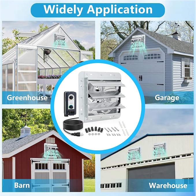 10 inch Shutter Exhaust Fan with Speed & Thermostat Control, 1200 SQ.Ft Coverage Area, 820 CFM, Upgrade Wall Mount Attic Vent Fan for Greenhouse, Garage, Chicken Coops Ventilation Fans