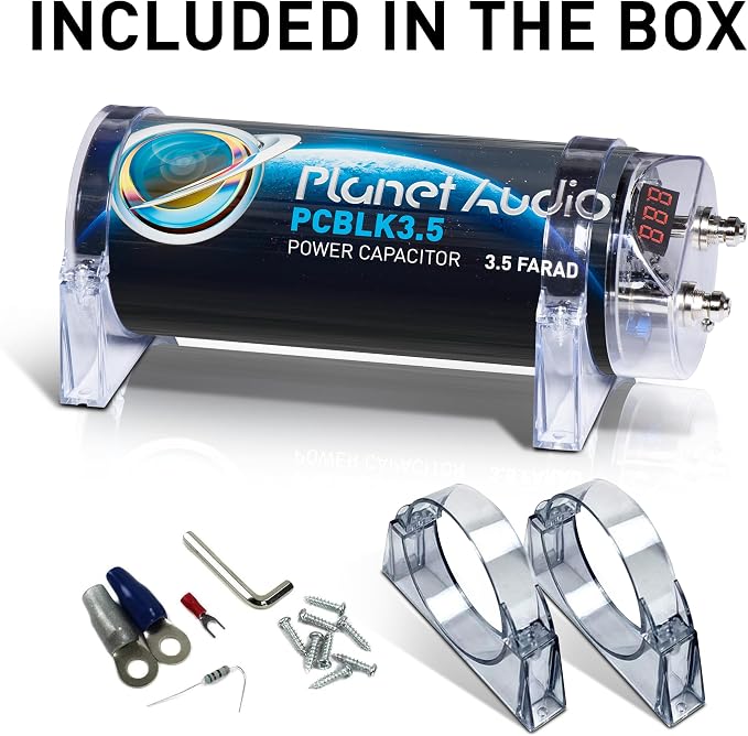 Planet Audio PCBLK3.5 Car Capacitor – 3.5 Farad, Energy Storage, Enhance Bass from Stereo, Warning Tones, LED Voltage Meter