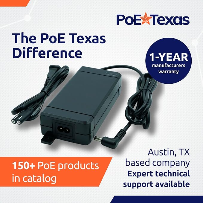 PoE Texas 48 Volt 120 Watt DC Power Supply with Wall Mount Tabs - Compatible with Power Over Ethernet Injectors, Switches, and Other Applications - 100-240V AC Input - 5.5X 2.1mm DC Barrel Connector