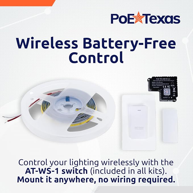 PoE Texas - PoE Lighting Plug and Play Kit with 24V LED Driver, 4000K LED Strip Light (2m), Wireless Light Switch - 24 Volt Cob LED Strip Light for Under Cabinet, White Dotless 24v LED Strip Lighting