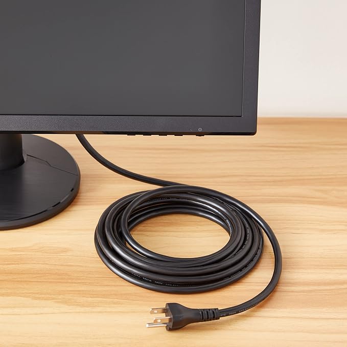 Amazon Basics Universal Replacement Power Cord for PC, Monitor, TV, Printer, 3-Prong, 18 AWG, 125 Volts, 15 feet, Black