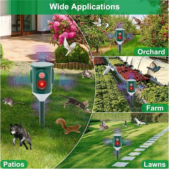 Solar Ultrasonic Animal Repellent Outdoor 360° Motion Activated Pest Deterrent with Strobe Light, Waterproof Garden Protection for Cats, Dogs, Squirrels, Raccoons,Skunks, Rabbits, Coyotes