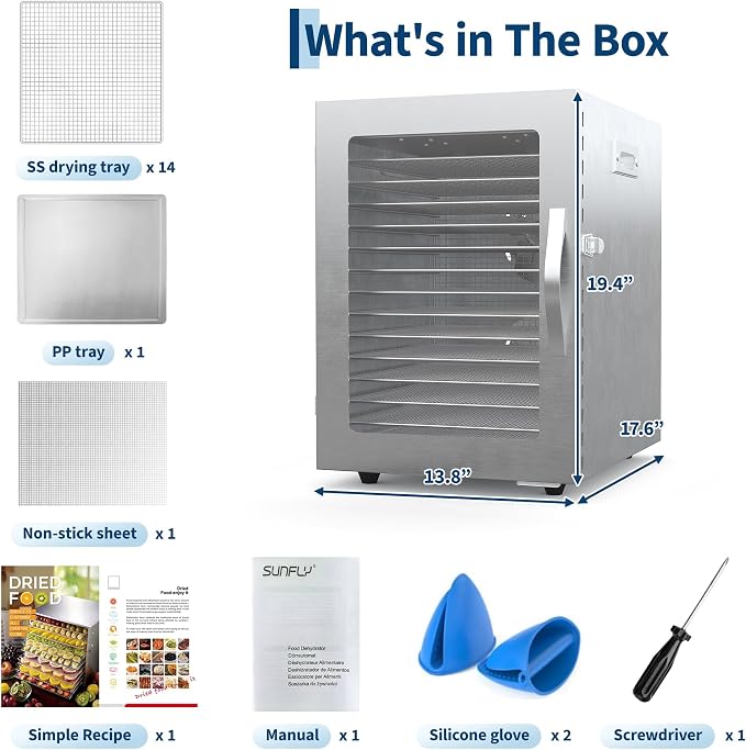 14-Tray Food Dehydrator, Stainless Steel Single Door Electric Dehydrator with 14 Stainless Steel Trays, Extra Large Drying Capacity, Adjustable Temperature Control, 48H Timer, for Jerky, Fruits
