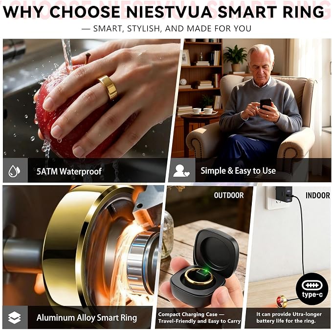 Smart Ring for Women & Men, Health & Fitness Tracker with Heart Rate/Sleep Monitoring/Blood Pressure, 5ATM Waterproof,Activity Trackers with Free App,Fitness Ring Birthday Gift(Size 10, Gold)