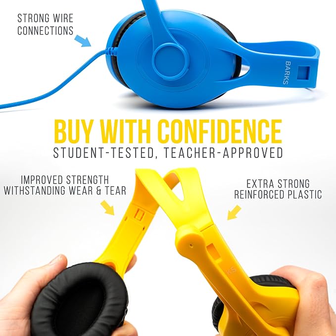 Barks Classroom Headphones with Microphone Bulk 10 Pack (Colors, 3.5mm) | Durable Everyday Student Use, Colorful Class Sets, Headsets with Mics, Adjustable Fit, Clear Voice, Easy Clean, K-12 Testing