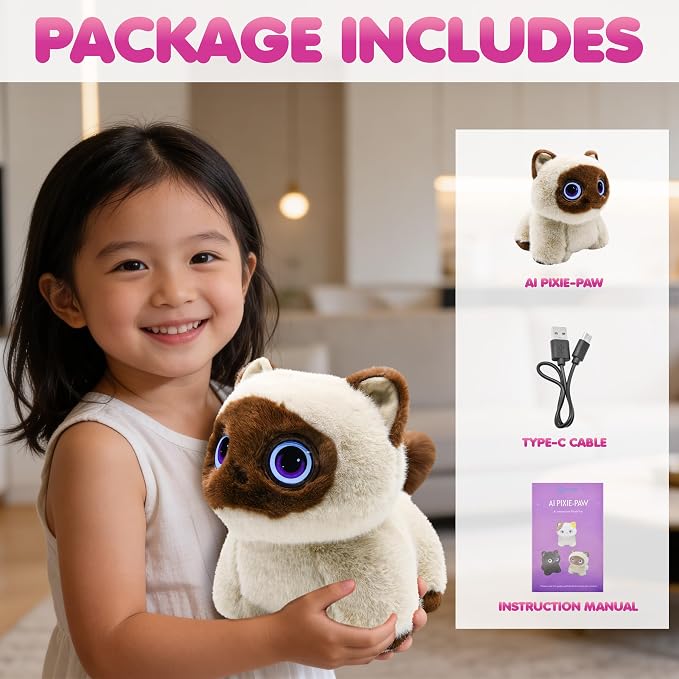 Contixo AI Pixie-Paw Smart Interactive Plush Cat – Voice-Responsive, Touch-Activated, Expressive Eyes, AI Companion Stuffed Animal for Kids & Pet Lovers, Brown