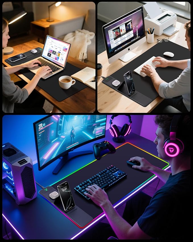 RGB Gaming Mouse Pad with Wireless Charging & Phone Stand, 31.5"x15.8" Large, 24 Light Effects, Non-Slip Base, Waterproof Ultra-Smooth Surface, with Adatper, No Adatper