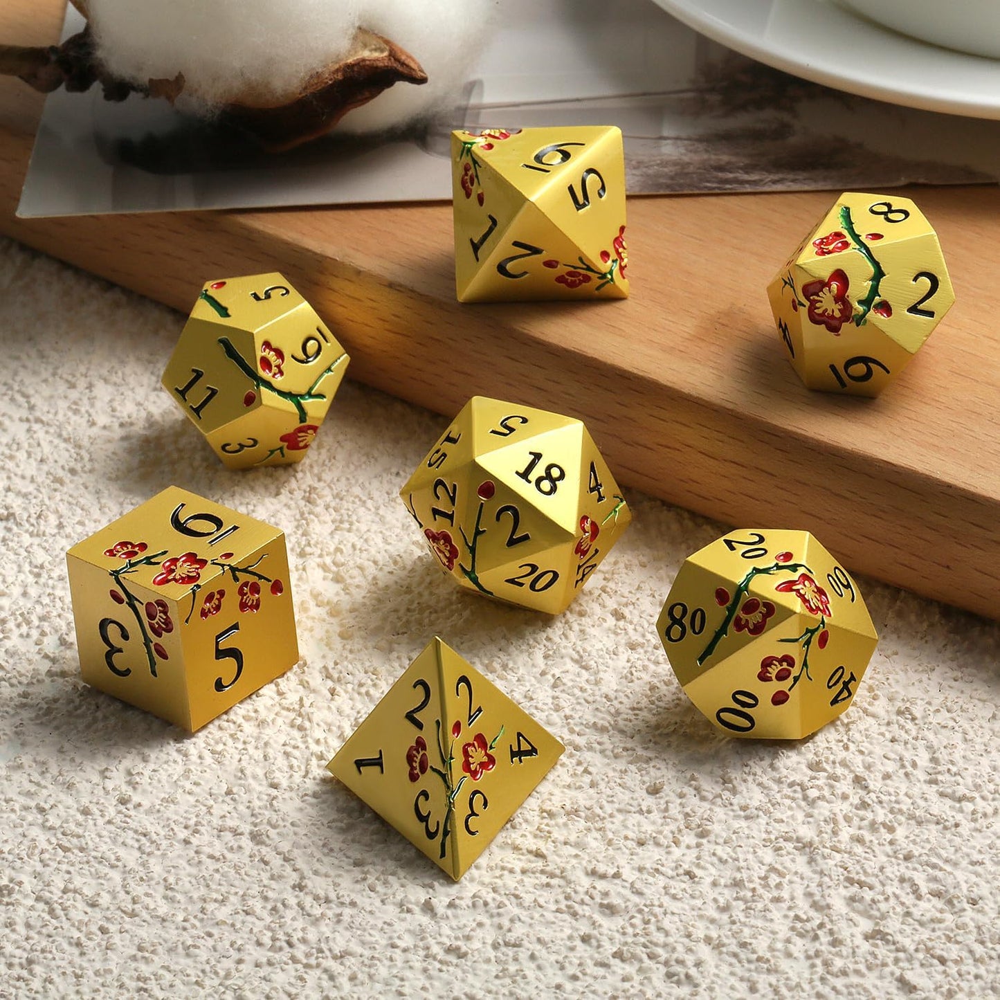 DNDND Flowers Metal Dice, 7 PCS Metallic DND Dice with Gorgeous Gift Case for D&D Dungeons and Dragon Tabletop Game (Red Flowers with Gold)