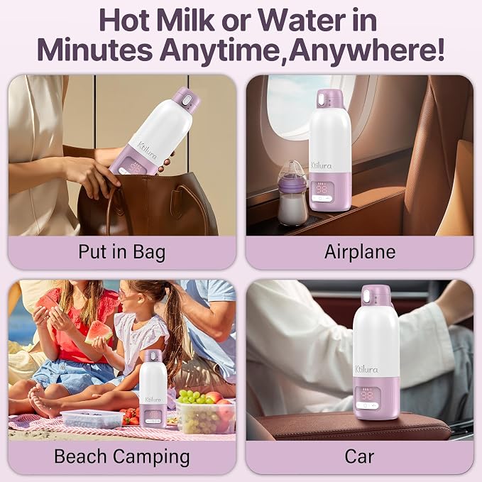 Portable Bottle Warmer for Travel,17 Oz Milk Warmer for Breast Milk/Formula/Water,2 Mins Fast Heating, Built-in Sterilizer, Fast Charge, 8-Temp Control, Precise Temp Control (98°F-212°F)