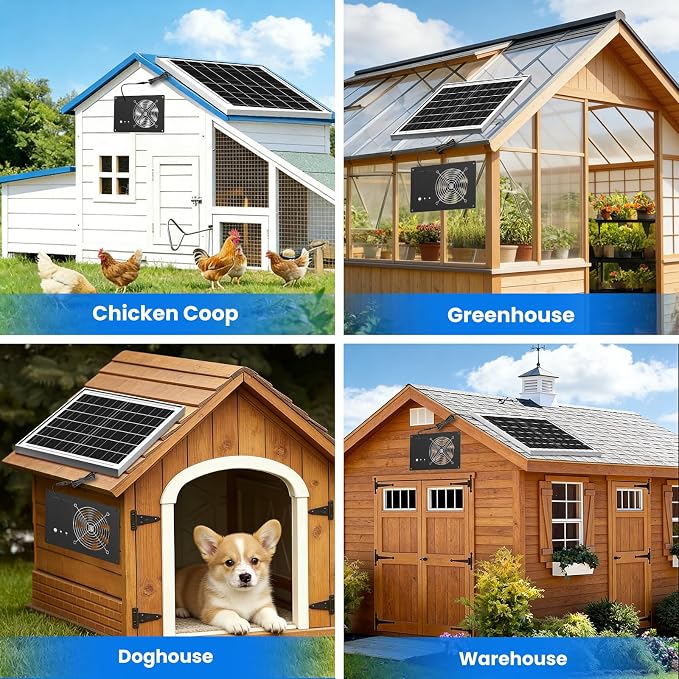Solar Fan for Chicken Coop with Battery and Timer, 25W 15000mAh 5" Small Solar Exhaust Fan, Silent High-Speed Waterproof Solar Powered Fans for Outside Greenhouses Sheds Pet House Rabbit Cage