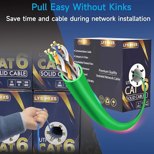 Cat6 Ethernet Cable 1000FT Channel Test Pass, Cat6 1000ft Ethernet Cable 23AWG Solid CCA, Cat6 Cable 550MHZ 10G with Easy Pull Box Green