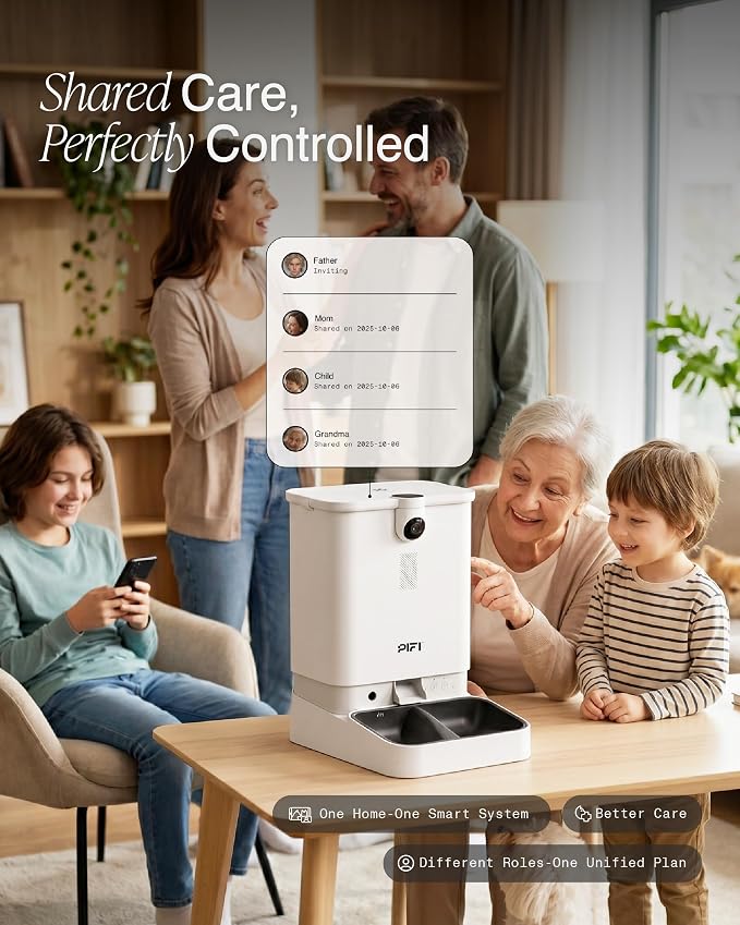 PiFi Automatic Cat Feeder with Camera for 3 Cats & Dogs, 6L Dual Dispenser, AI Recognition, 5GHz and 2.4GHz WiFi App Control, 1080p Dual Cameras, Night Vision, Two-Way Audio