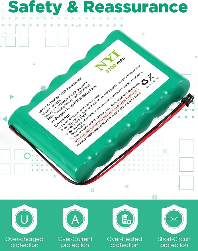 NYI Upgraded Replacement Battery with Tool for ADT SCW9057 SCW9055 and DSC Alarm System, 6PH-H-4/3A3600-S-D22 3700mAh 7.2V Rechargeable Ni-MH IMPASSA 9057 Control Panel (2 Pin Connector)