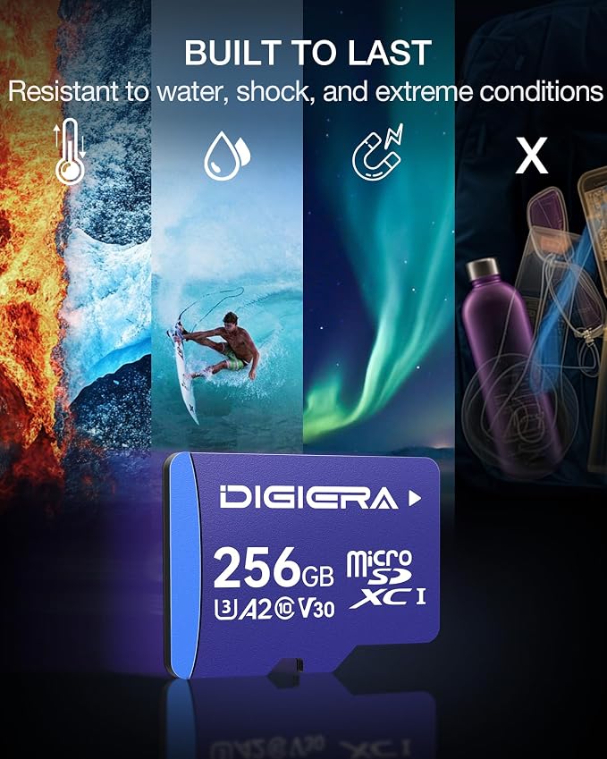 DIGIERA 256GB LT100 microSDXC UHS-I Memory Card with Adapter - up to 170MB/s, C10, U3, V30, 4K, A2, Micro SD Card for Smartphones, Tablets, Cameras, Gaming Consoles, and Drones (1 Pack)