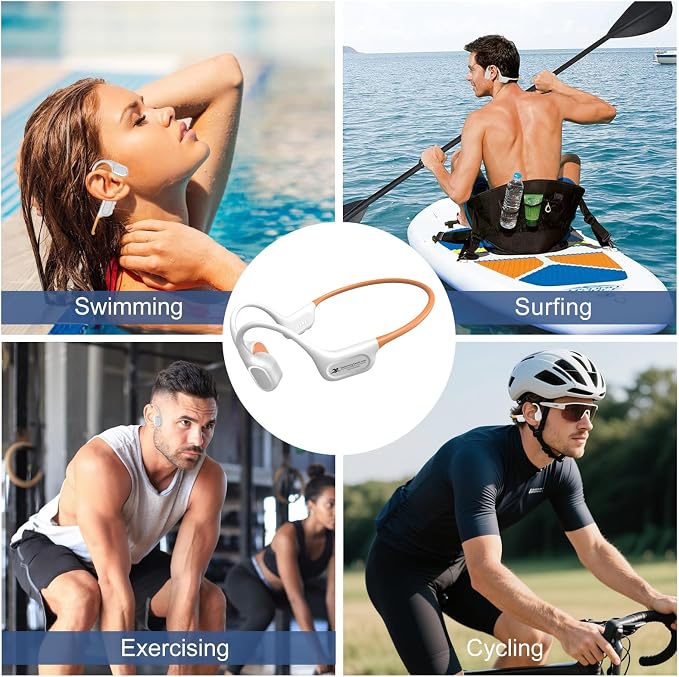 IP68 Waterproof Swimming Headphones, Bone Conduction Bluetooth 6.0 Headphones, Built-in 32GB MP3 Player, Soft Lightweight Open-Ear Design for Swimming Marathons Showers Cycling(Cream Orange