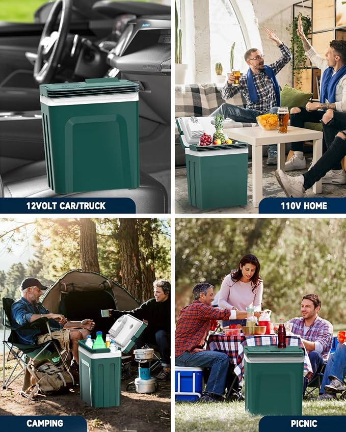 SubSun 27 Quart Electric Cooler and Warmer with Handle, Portable Thermoelectric Fridge, Car Fridge Cooler with 12V DC & 110 AC for Camping, Travel & Picnics, Green