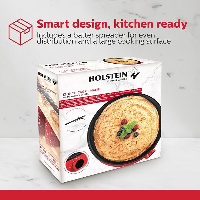Holstein Housewares 12” Crepe Maker - Adjustable Temperature Control - Nonstick Griddle for Versatile Cooking of Crepes, Quesadillas, Pancakes, Eggs, Bacon & More - Easy to Clean - Indicator Lights