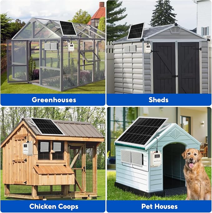 Solar Fan with Battery,20W Solar Panel Powered Fan Kit with Waterproof Dual Exhaust Fans and 9.84ft Switch Cable for Chicken Coops, Sheds, Pet Houses, Greenhouse Air Circulation, Ventilation
