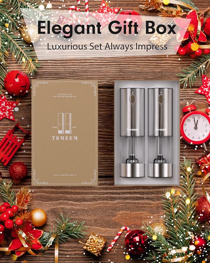 TOMEEM Upgraded Larger Capacity Electric Salt and Pepper Grinder Set Rechargeable with LED lights, Stainless Steel Automatic Pepper and Salt Grinder Refillable with 5 Adjustable Coarseness