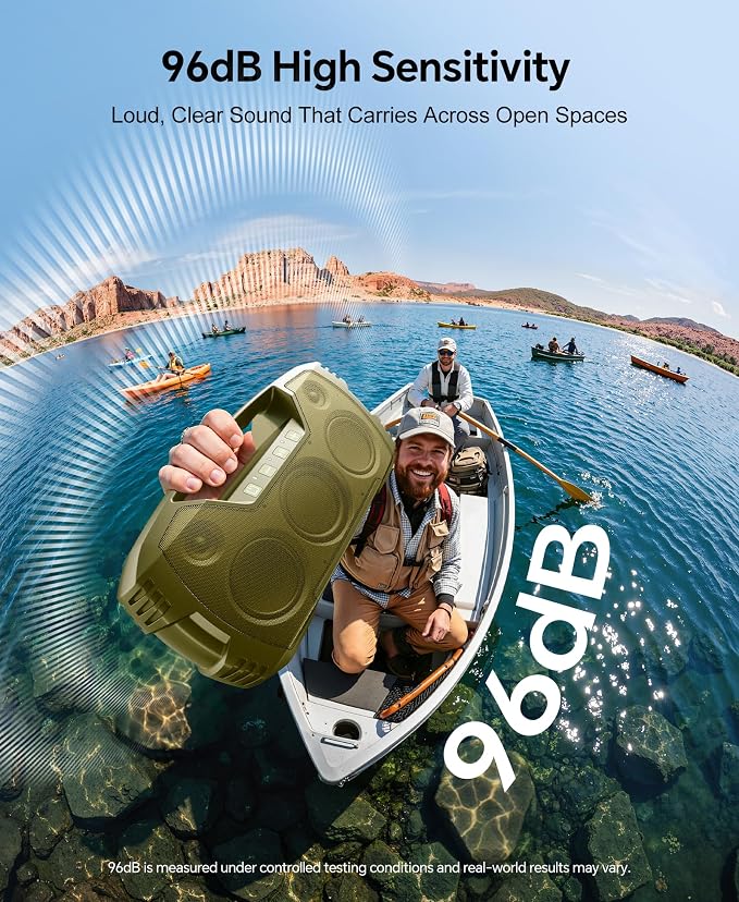 IPX7 Waterproof Outdoor Bluetooth Speaker, Wireless, 90W(Peak), 32H Playtime, Floating Design, Deep Bass & Loud Stereo Sound, Portable with Handle, Rugged for Pool, Beach, Kayaking, Hiking, ThymeGreen