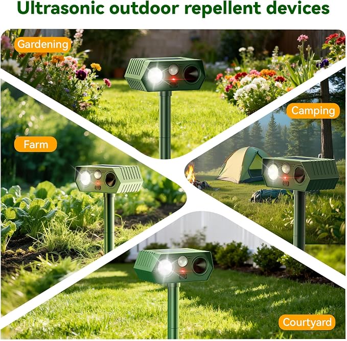 2026 Upgraded Solar Ultrasonic Animal Repellent Outdoor, Deer Repellent Devices Waterproof, Motion Activated Cat Repellent Outdoor, Squirrel Raccoon Skunk Rabbit Dog Bird Deterrents for Yard (2-Pack)