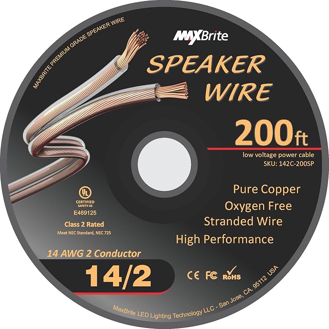 200 ft. Spool High Performance 14 Gauge Speaker Wire, Oxygen Free Pure Copper - UL Listed Class 2